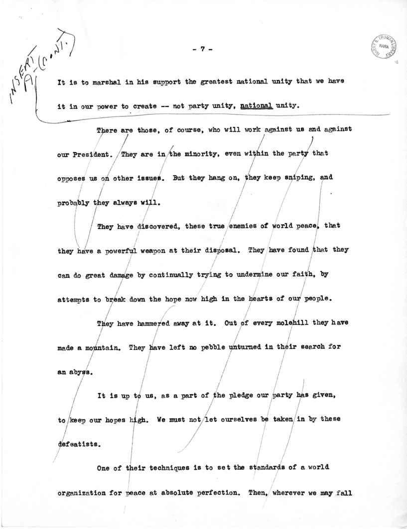 Draft Speech of Vice President Harry S. Truman for Jefferson Day Dinner, Washington, D. C.