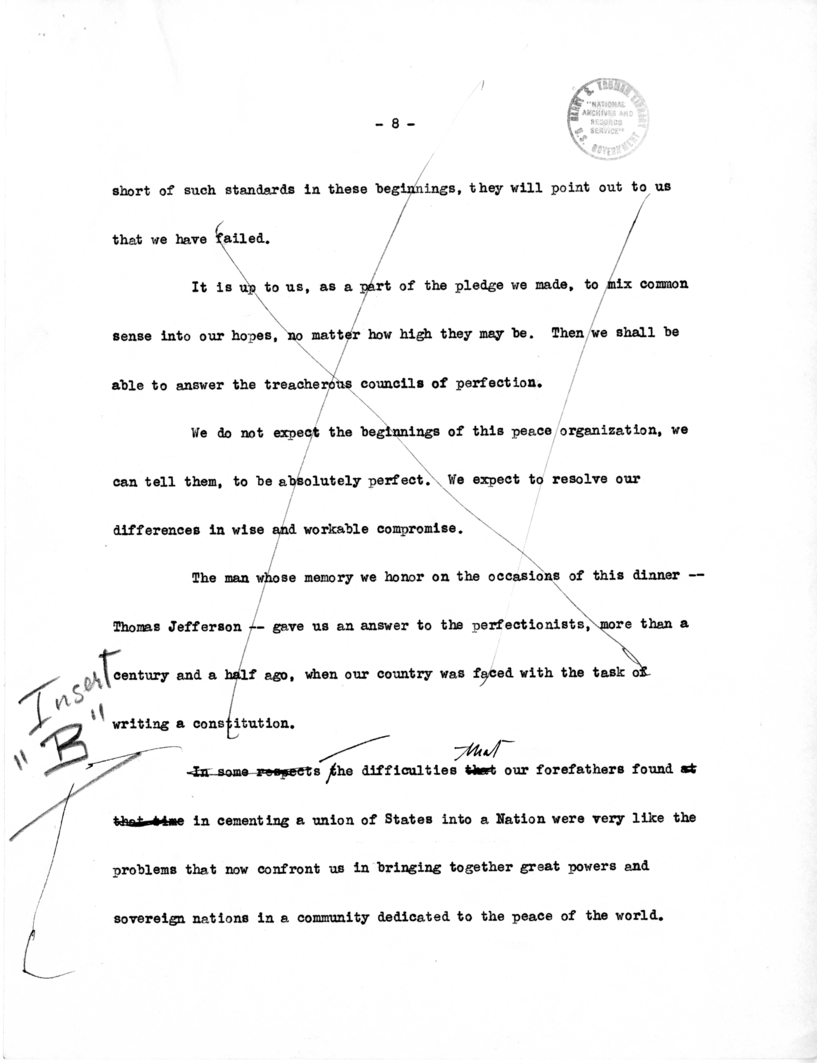Draft Speech of Vice President Harry S. Truman for Jefferson Day Dinner, Washington, D. C.