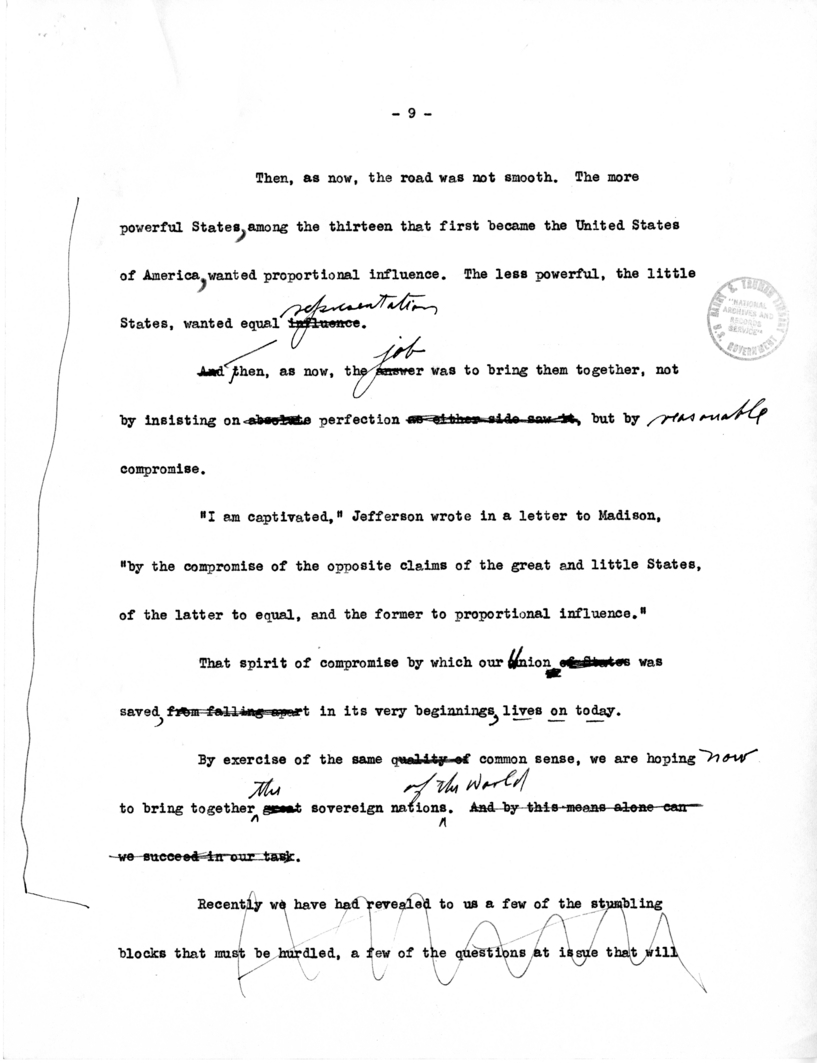 Draft Speech of Vice President Harry S. Truman for Jefferson Day Dinner, Washington, D. C.