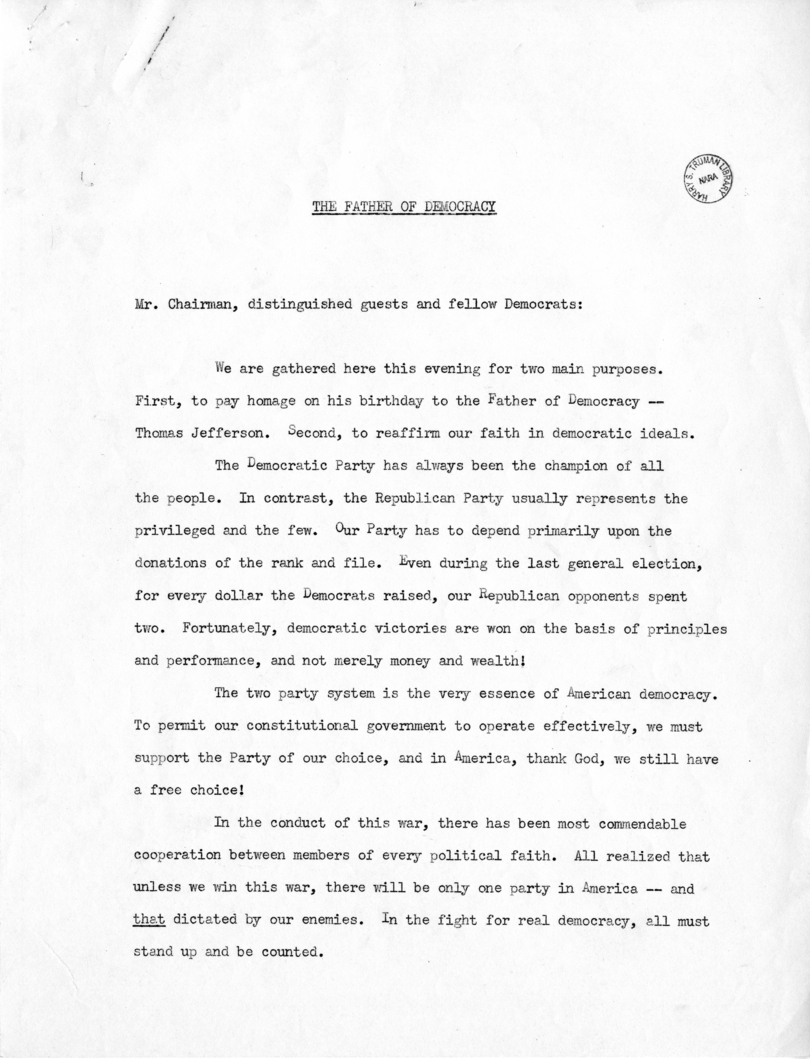 Draft Speech of Vice President Harry S. Truman for Jefferson Day Dinner, Washington, D. C.