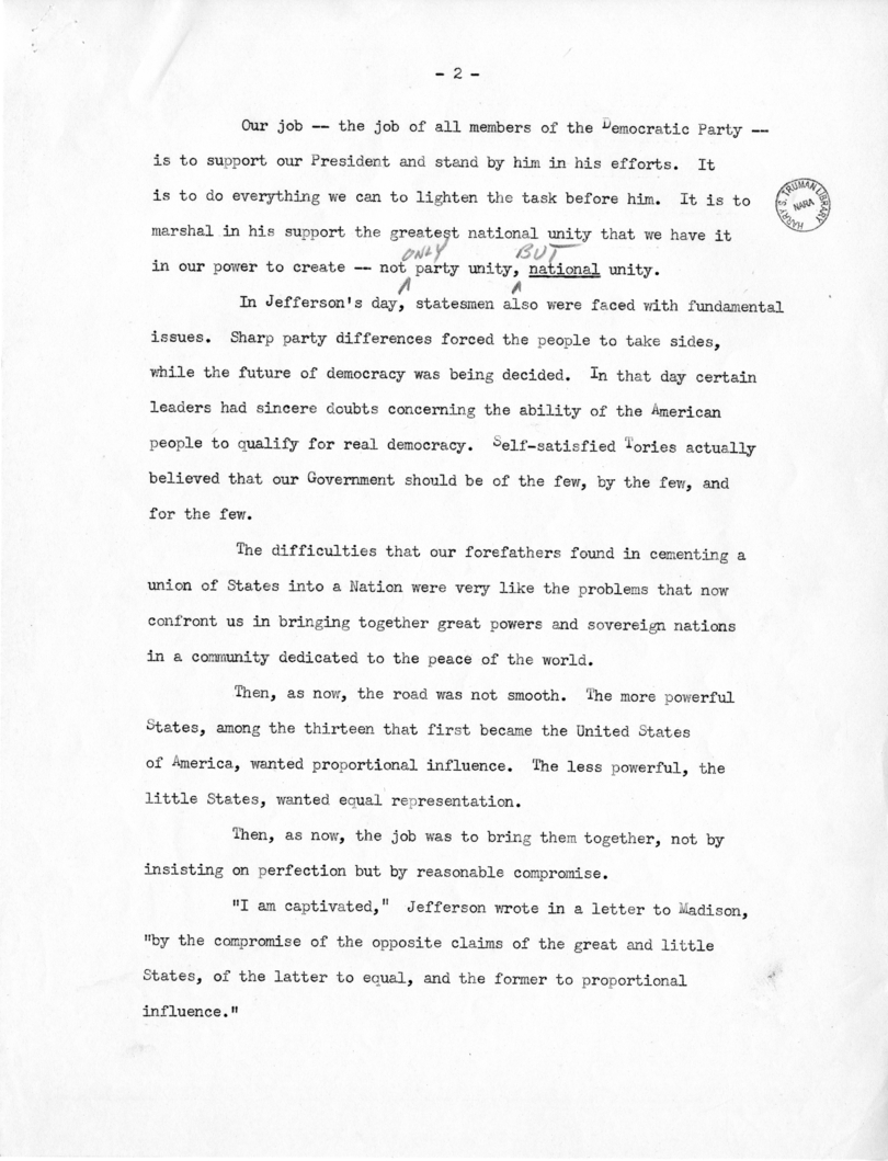 Draft Speech of Vice President Harry S. Truman for Jefferson Day Dinner, Washington, D. C.