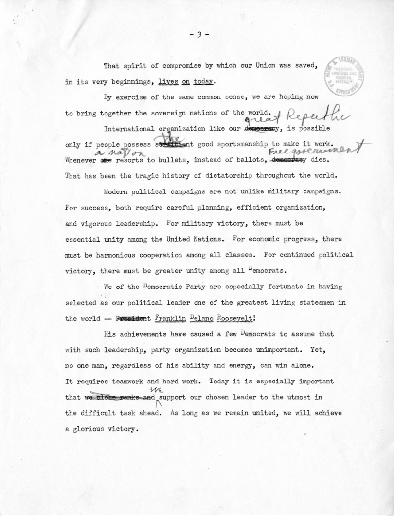 Draft Speech of Vice President Harry S. Truman for Jefferson Day Dinner, Washington, D. C.