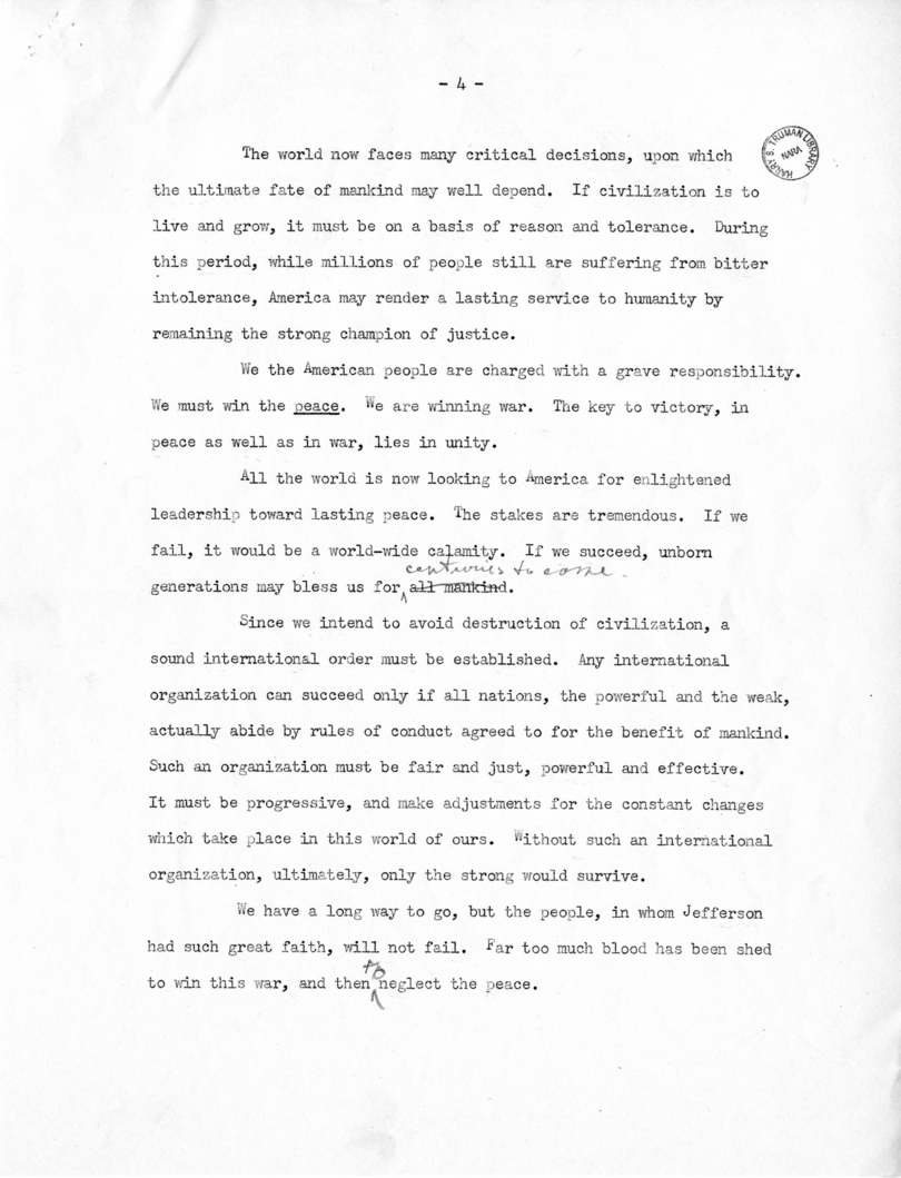 Draft Speech of Vice President Harry S. Truman for Jefferson Day Dinner, Washington, D. C.