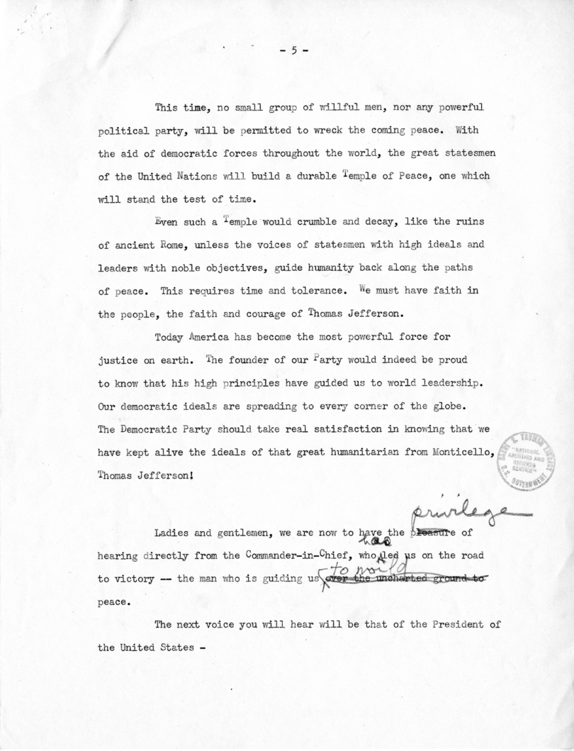 Draft Speech of Vice President Harry S. Truman for Jefferson Day Dinner, Washington, D. C.