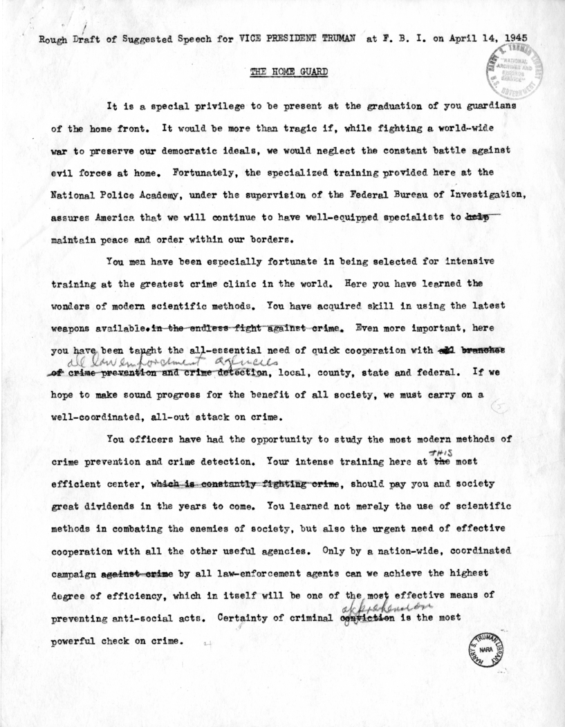 Draft of Suggested Speech of Vice President Harry S. Truman at the Federal Bureau of Investigation, Washington, D.C.