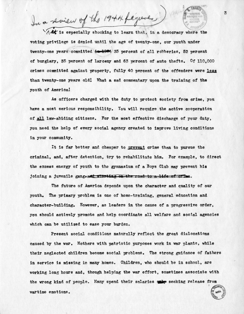 Draft of Suggested Speech of Vice President Harry S. Truman at the Federal Bureau of Investigation, Washington, D.C.