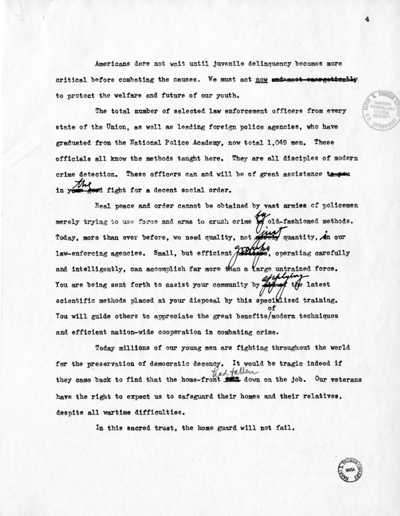 Draft of Suggested Speech of Vice President Harry S. Truman at the Federal Bureau of Investigation, Washington, D.C.