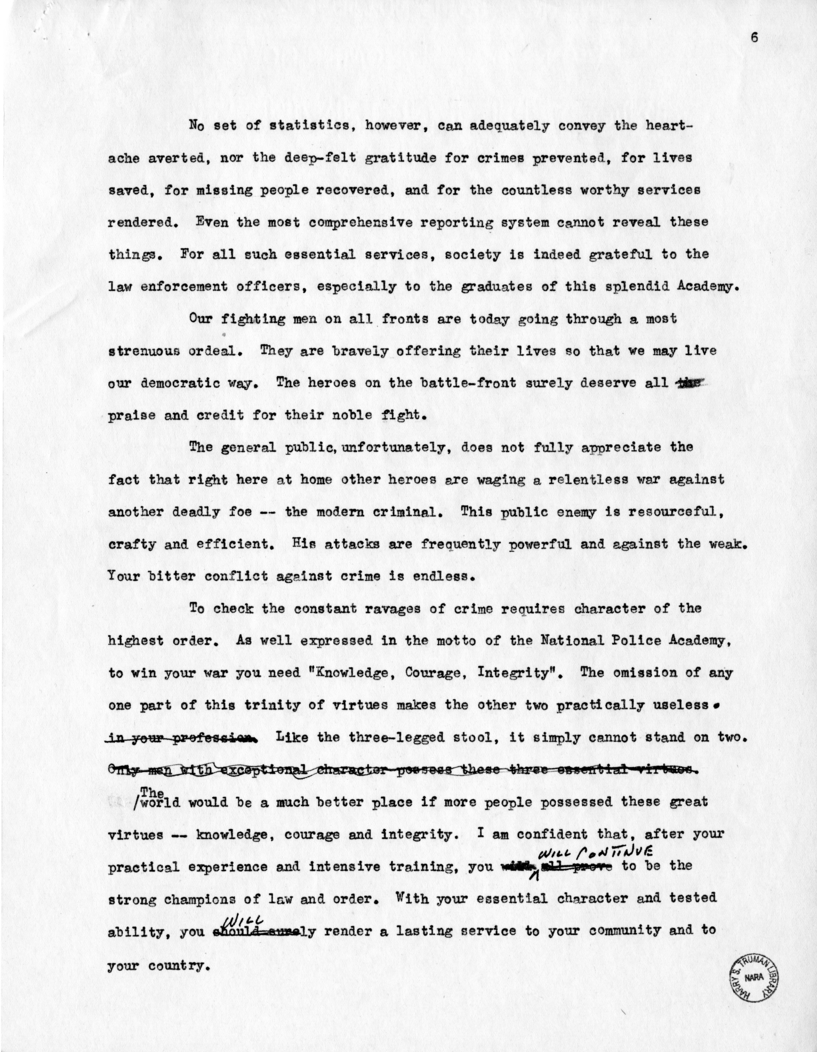 Draft of Suggested Speech of Vice President Harry S. Truman at the Federal Bureau of Investigation, Washington, D.C.