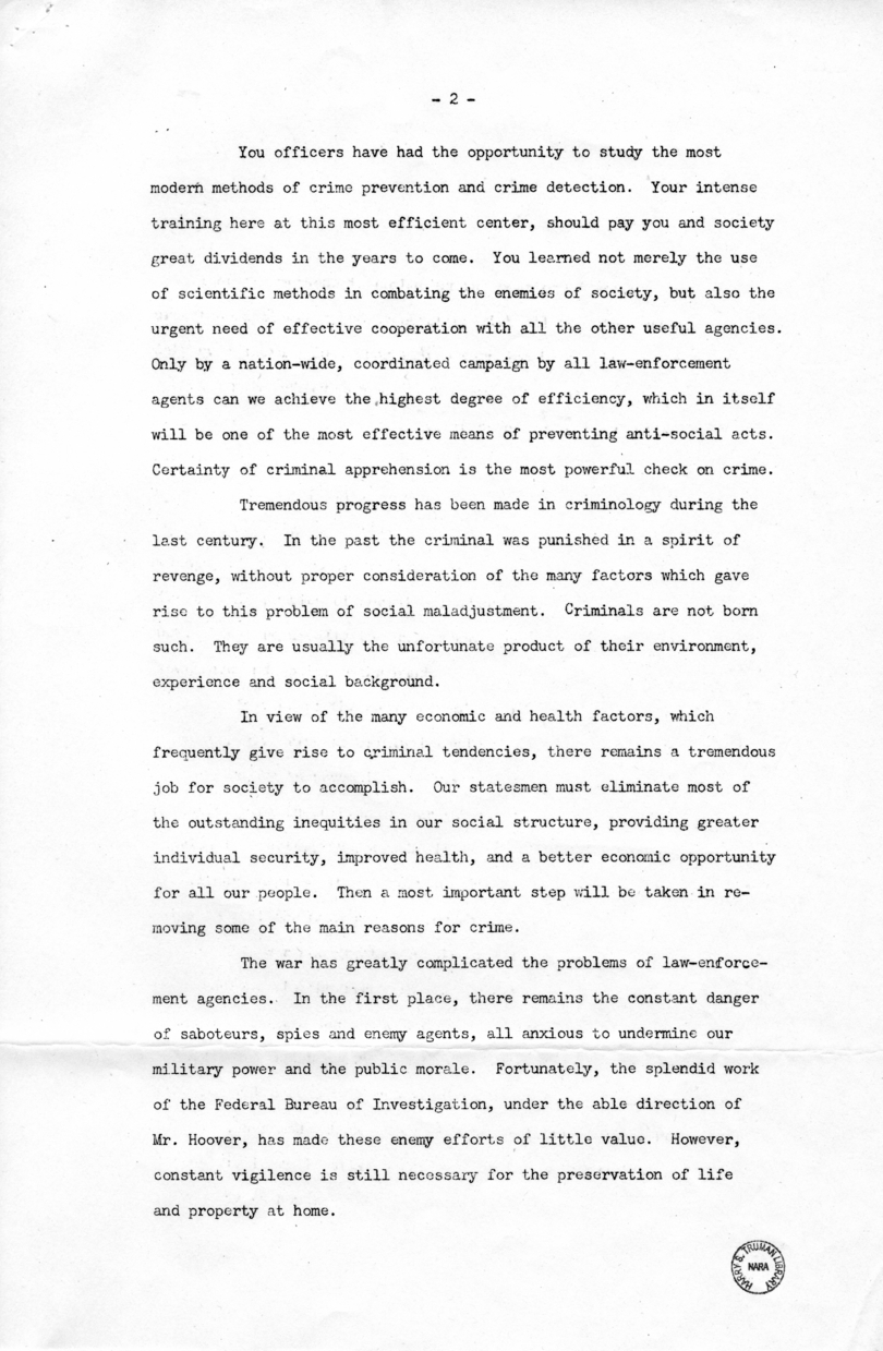 Speech of Vice President Harry S. Truman at National Police Academy Graduation Exercises, Federal Bureau of Investigation, Washington, D.C.