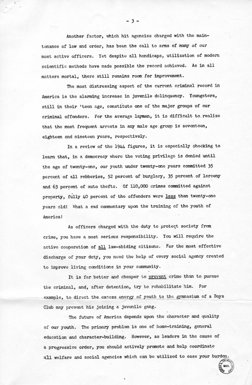 Speech of Vice President Harry S. Truman at National Police Academy Graduation Exercises, Federal Bureau of Investigation, Washington, D.C.
