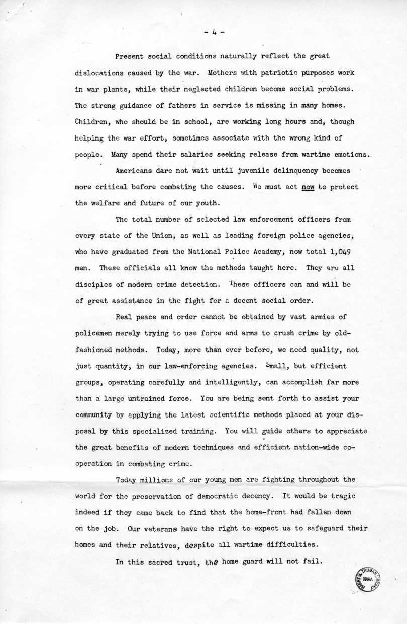 Speech of Vice President Harry S. Truman at National Police Academy Graduation Exercises, Federal Bureau of Investigation, Washington, D.C.