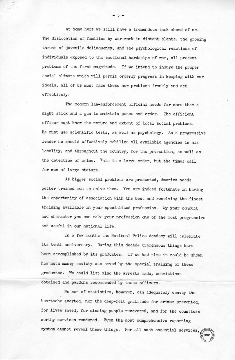 Speech of Vice President Harry S. Truman at National Police Academy Graduation Exercises, Federal Bureau of Investigation, Washington, D.C.