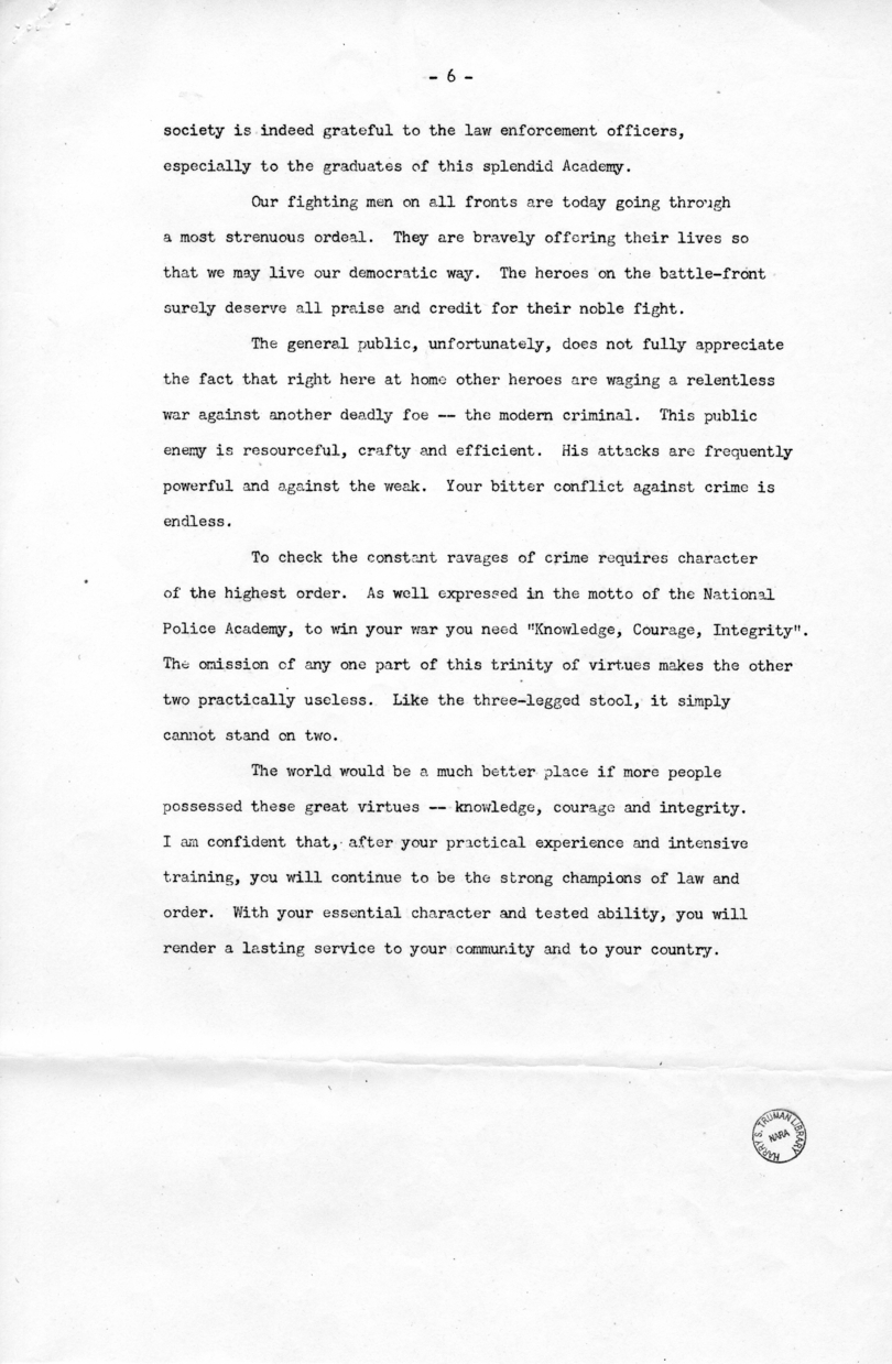 Speech of Vice President Harry S. Truman at National Police Academy Graduation Exercises, Federal Bureau of Investigation, Washington, D.C.