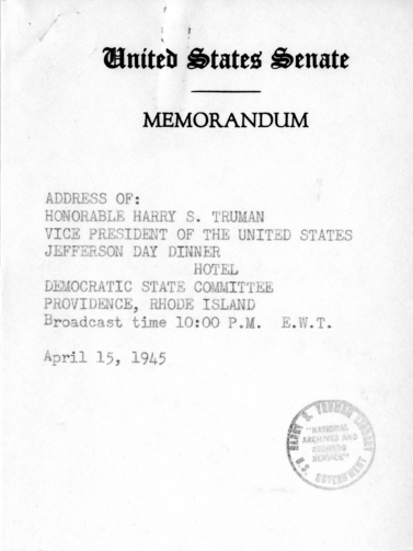 Speech to be Delivered by Vice President Harry S. Truman in Providence, Rhode Island
