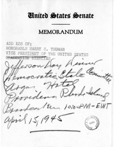 Speech to be Delivered by Vice President Harry S. Truman in Providence, Rhode Island
