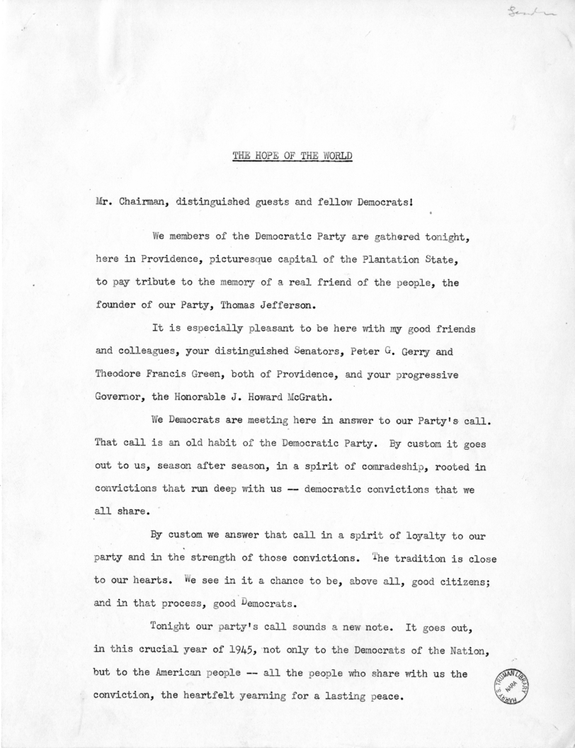 Speech to be Delivered by Vice President Harry S. Truman in Providence, Rhode Island