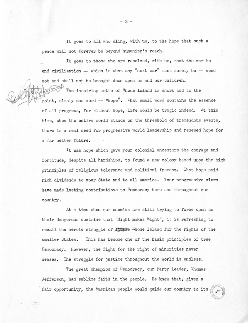 Speech to be Delivered by Vice President Harry S. Truman in Providence, Rhode Island