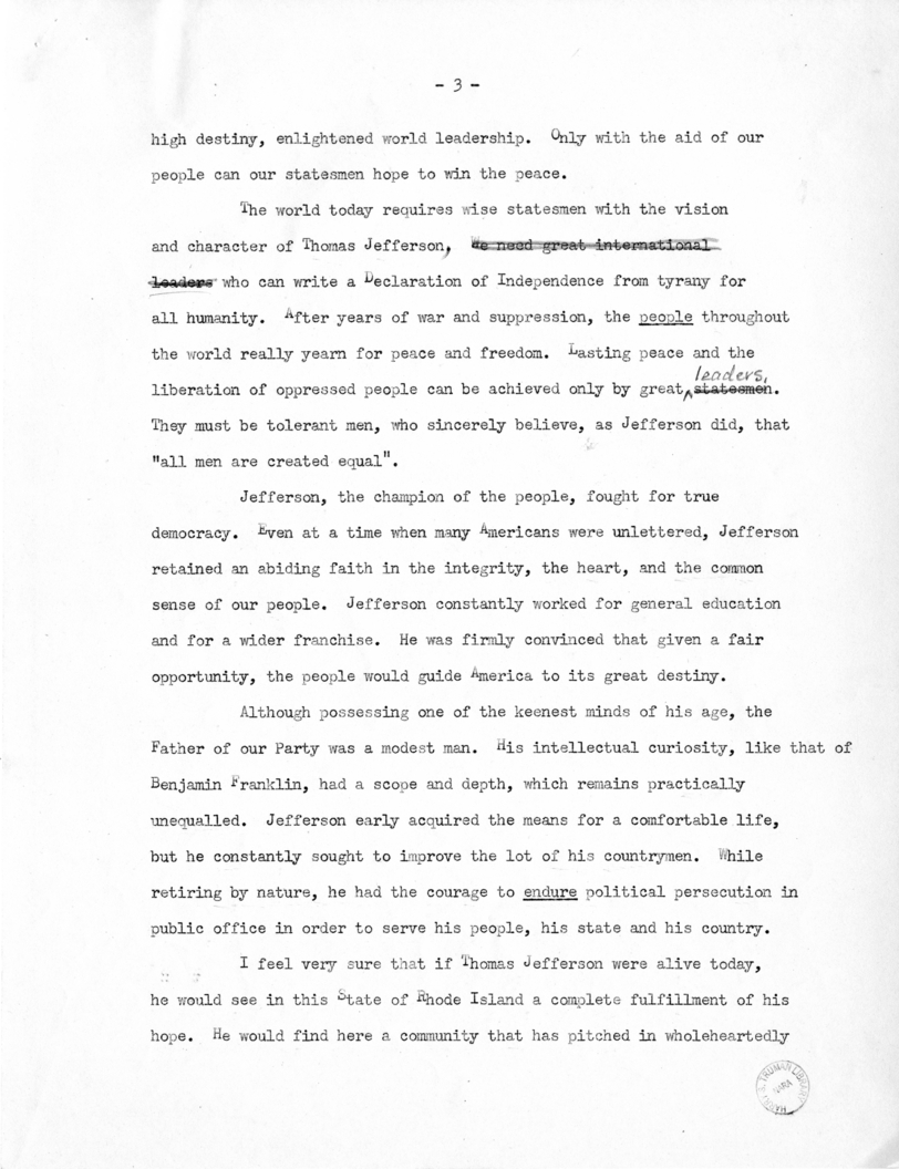 Speech to be Delivered by Vice President Harry S. Truman in Providence, Rhode Island