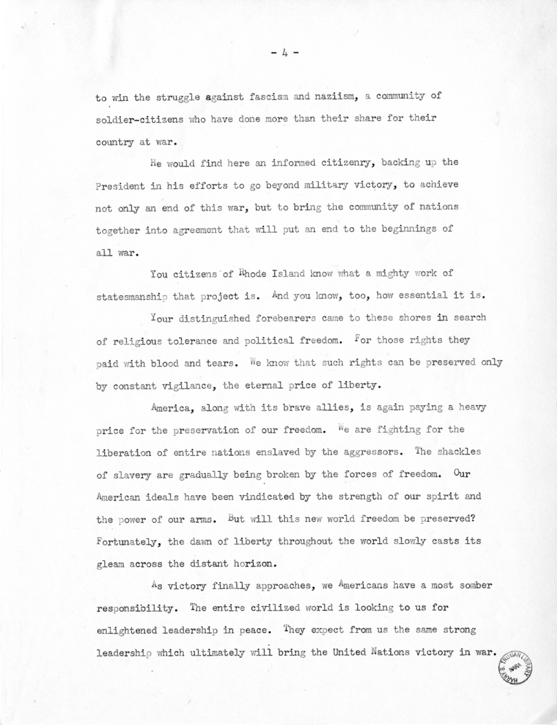 Speech to be Delivered by Vice President Harry S. Truman in Providence, Rhode Island