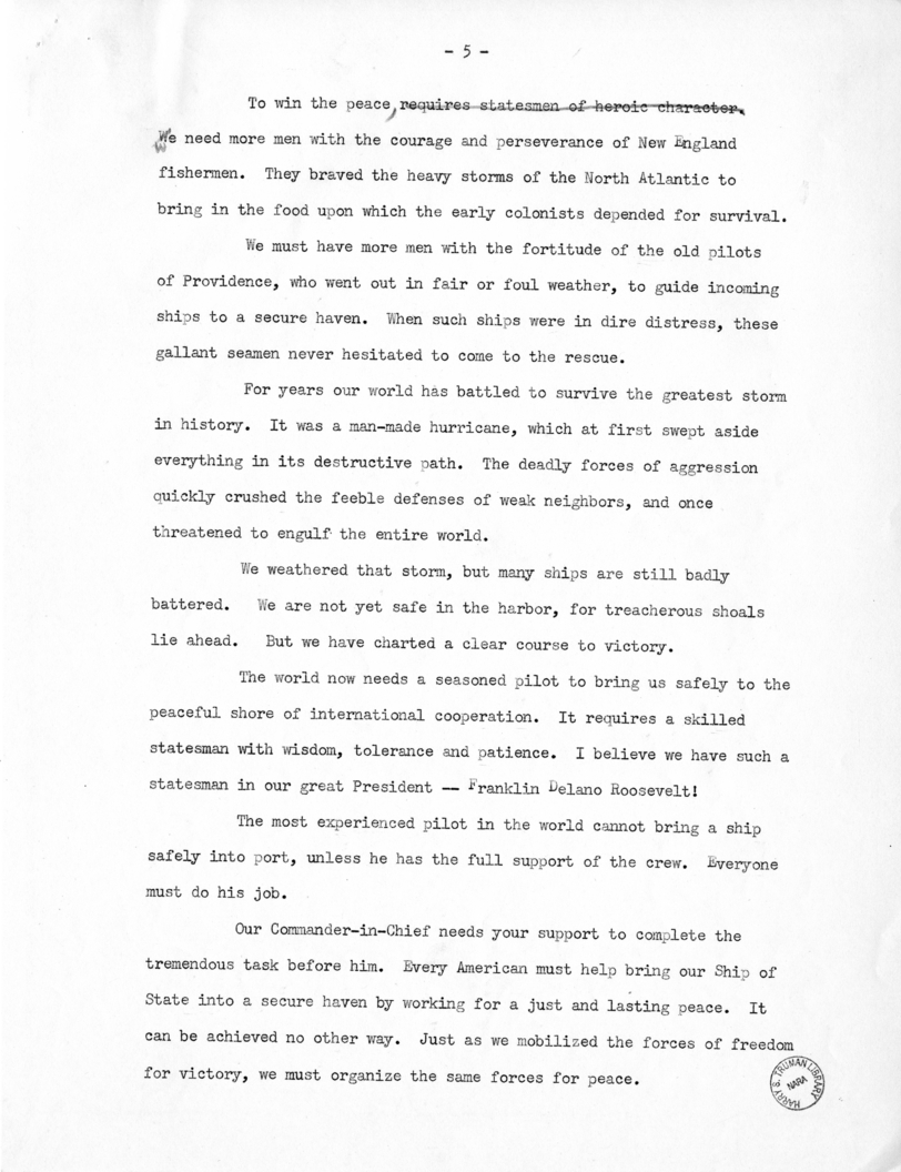 Speech to be Delivered by Vice President Harry S. Truman in Providence, Rhode Island