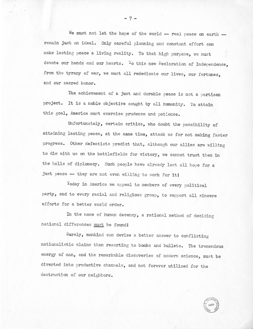 Speech to be Delivered by Vice President Harry S. Truman in Providence, Rhode Island