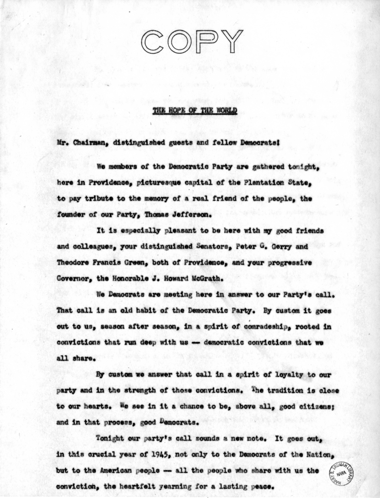 Speech to be Delivered by Vice President Harry S. Truman at Providence, Rhode Island