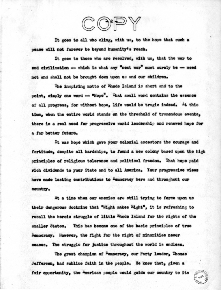 Speech to be Delivered by Vice President Harry S. Truman at Providence, Rhode Island