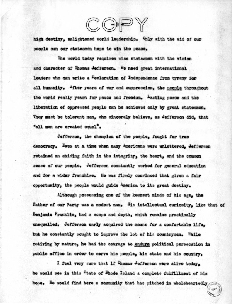 Speech to be Delivered by Vice President Harry S. Truman at Providence, Rhode Island