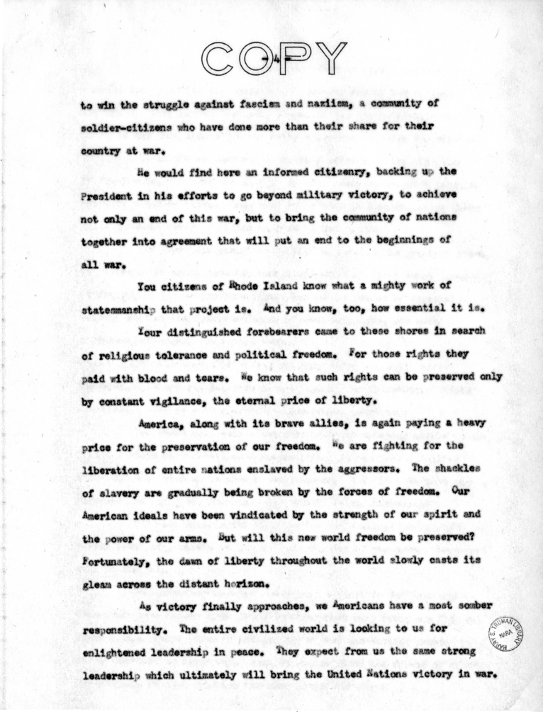 Speech to be Delivered by Vice President Harry S. Truman at Providence, Rhode Island