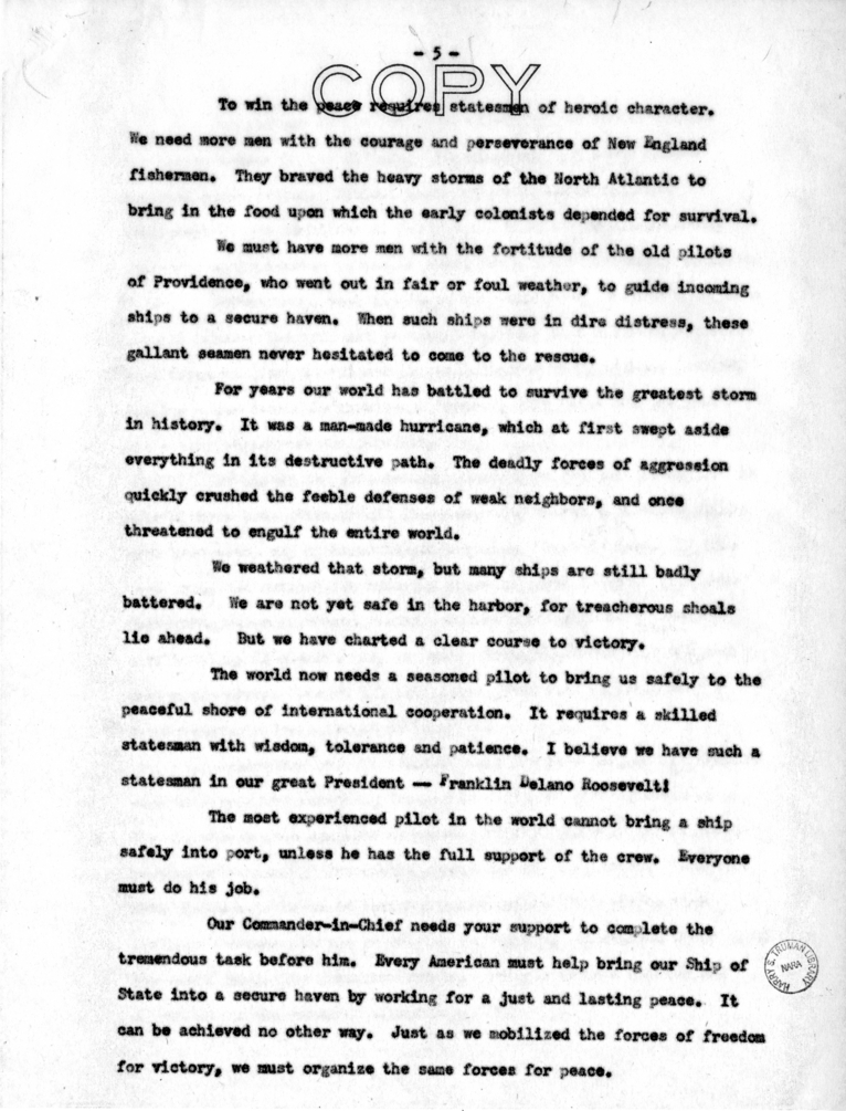 Speech to be Delivered by Vice President Harry S. Truman at Providence, Rhode Island