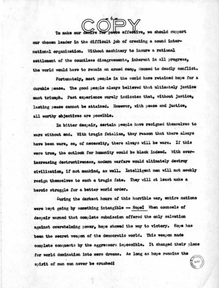 Speech to be Delivered by Vice President Harry S. Truman at Providence, Rhode Island