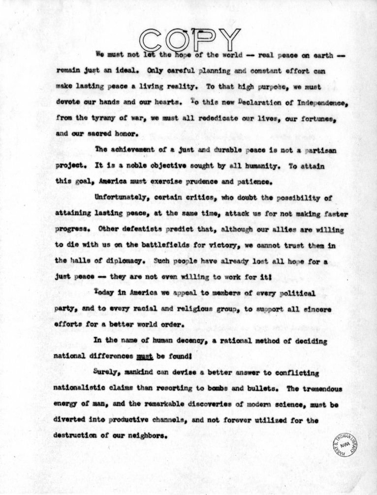 Speech to be Delivered by Vice President Harry S. Truman at Providence, Rhode Island