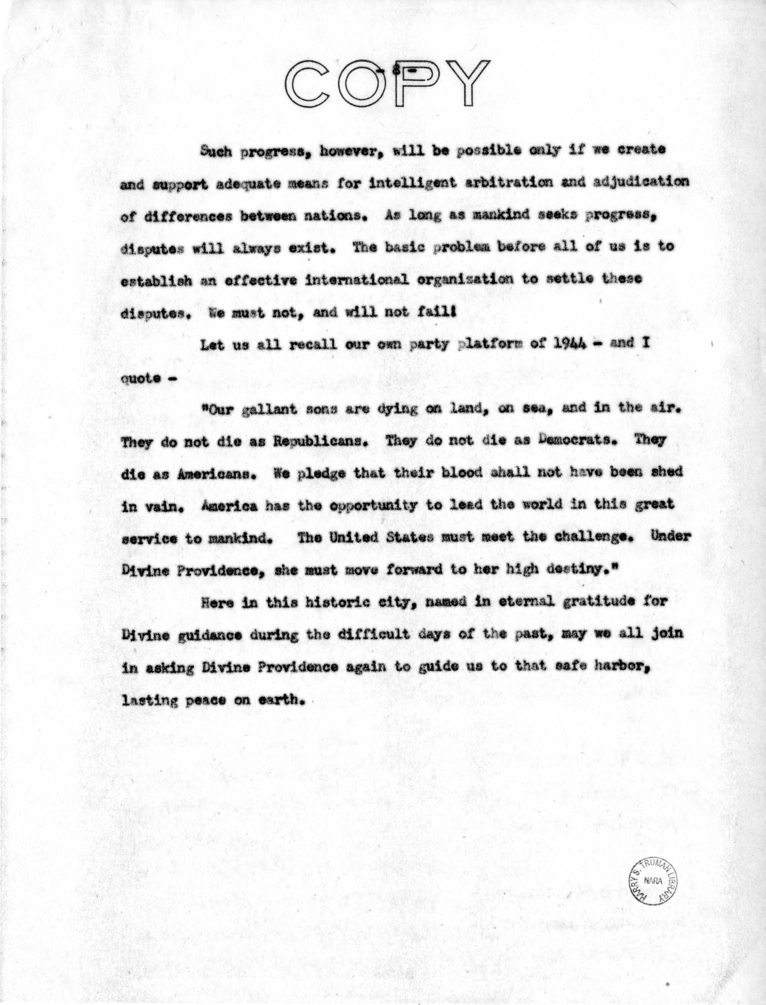 Speech to be Delivered by Vice President Harry S. Truman at Providence, Rhode Island