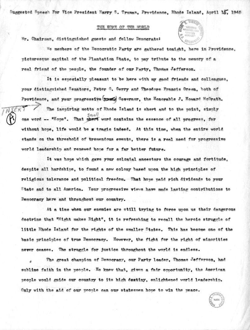 Draft Suggested Speech of Vice President Harry S. Truman at Providence, Rhode Island