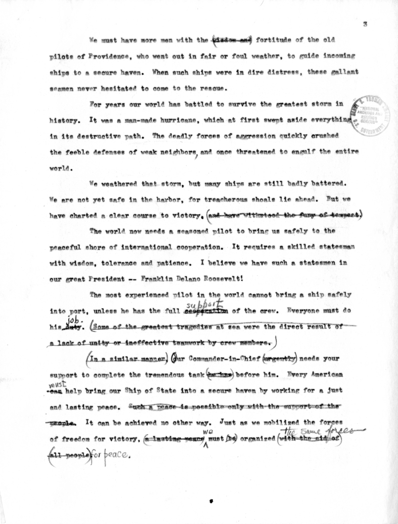 Draft Suggested Speech of Vice President Harry S. Truman at Providence, Rhode Island