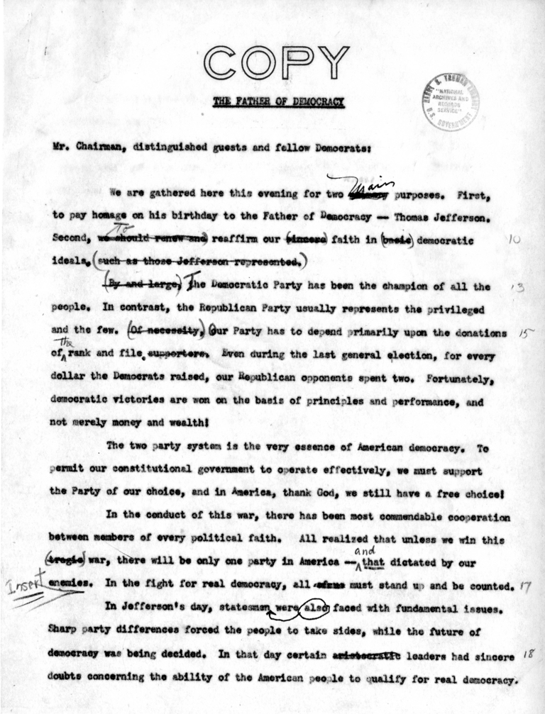 Draft Suggested Speech of Vice President Harry S. Truman at Providence, Rhode Island