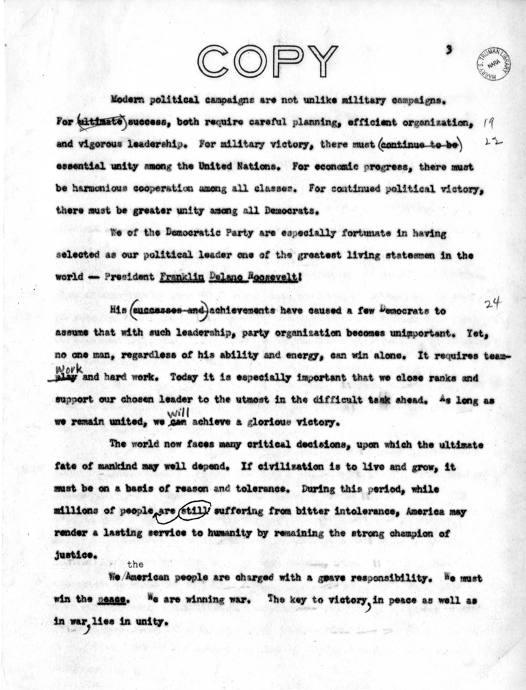 Draft Suggested Speech of Vice President Harry S. Truman at Providence, Rhode Island