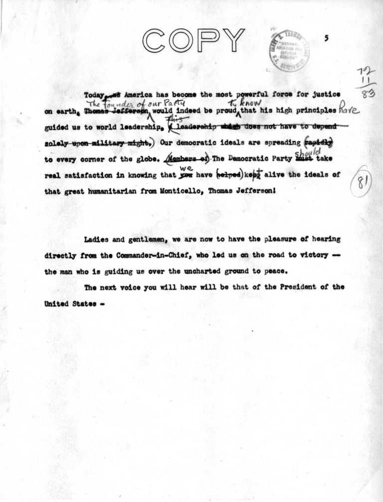 Draft Suggested Speech of Vice President Harry S. Truman at Providence, Rhode Island