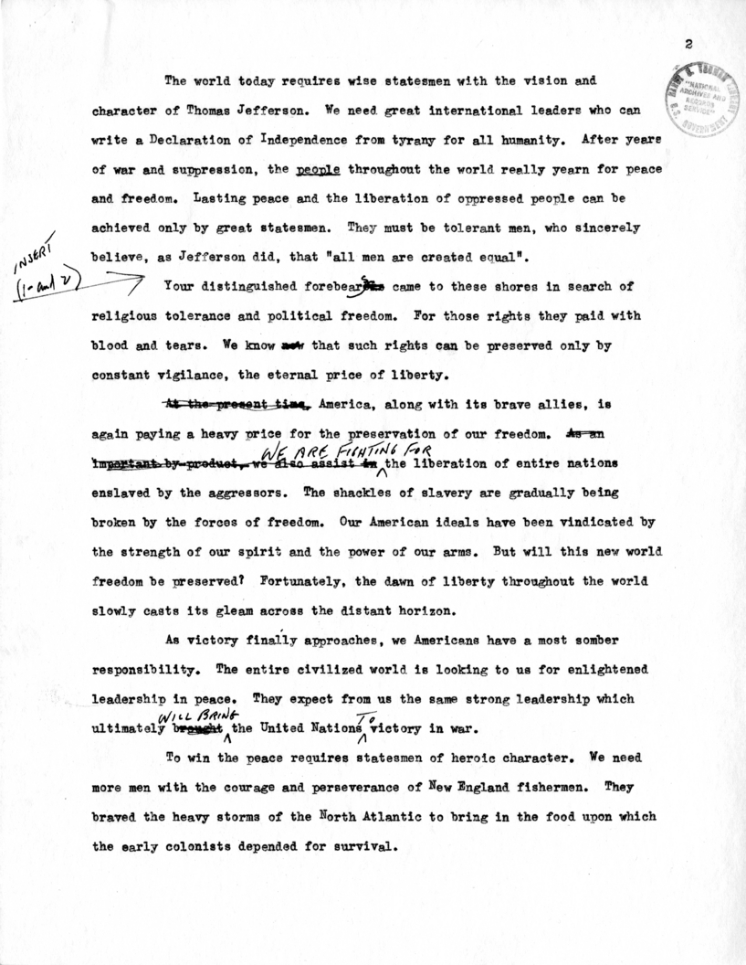 Draft Suggested Speech for Vice-President Harry S. Truman at Providence, Rhode Island