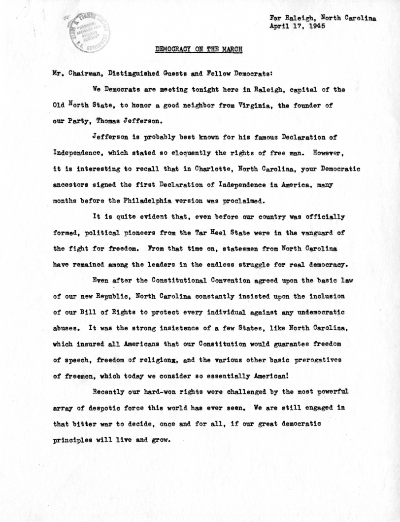 Speech to be Delivered by Vice President Harry S. Truman at Raleigh, North Carolina