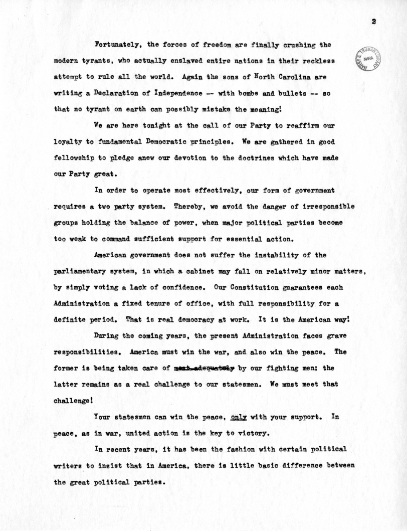 Speech to be Delivered by Vice President Harry S. Truman at Raleigh, North Carolina