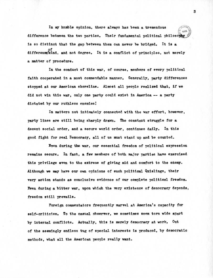 Speech to be Delivered by Vice President Harry S. Truman at Raleigh, North Carolina