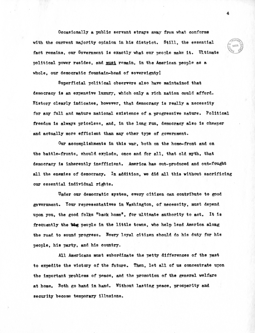Speech to be Delivered by Vice President Harry S. Truman at Raleigh, North Carolina