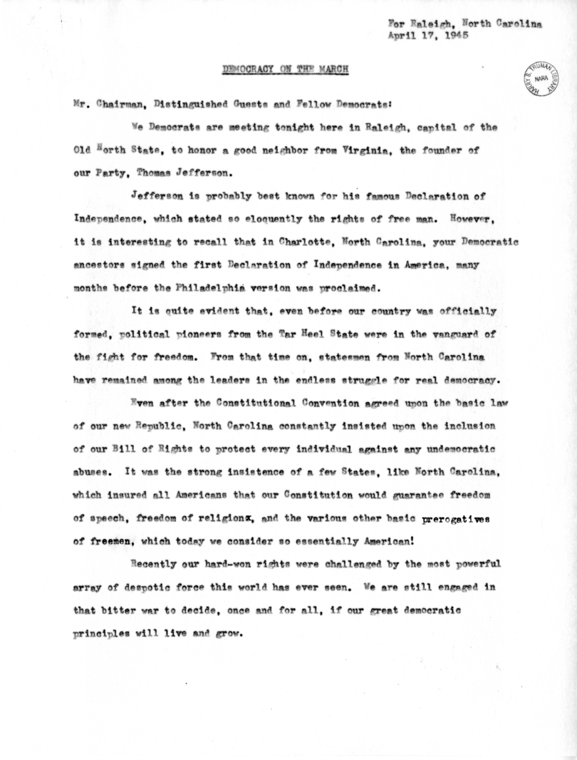 Speech to be Delivered by Vice President Harry S. Truman at Raleigh, North Carolina