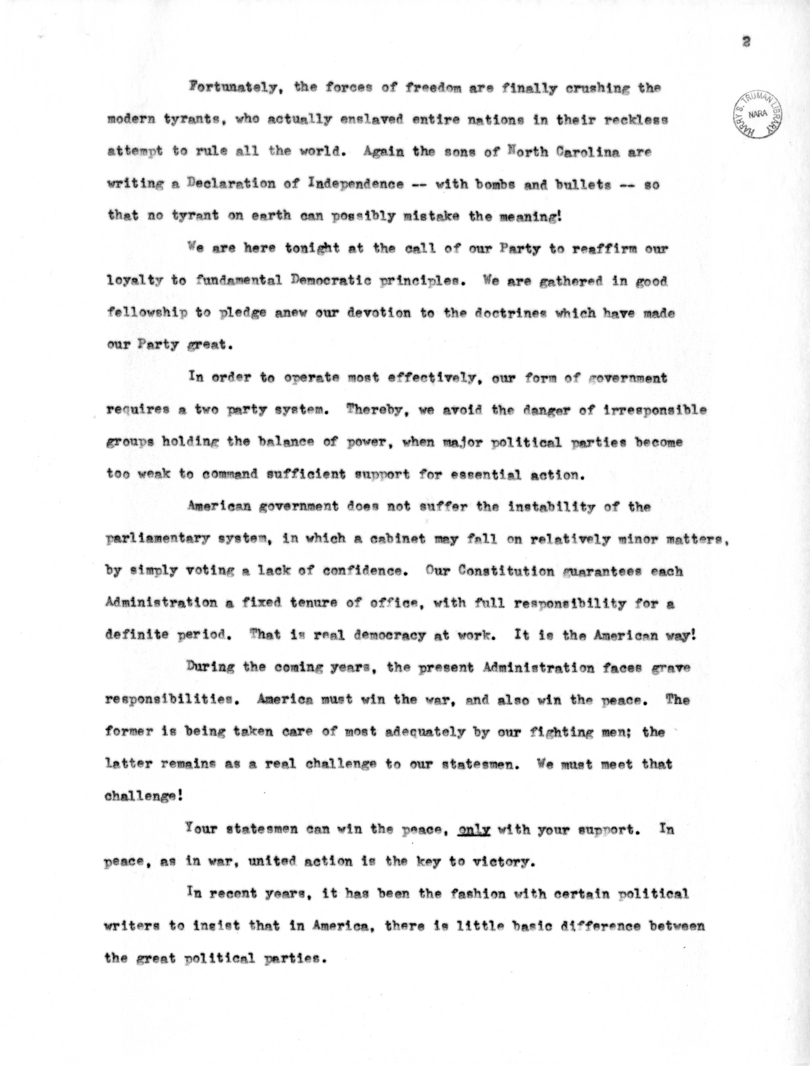Speech to be Delivered by Vice President Harry S. Truman at Raleigh, North Carolina