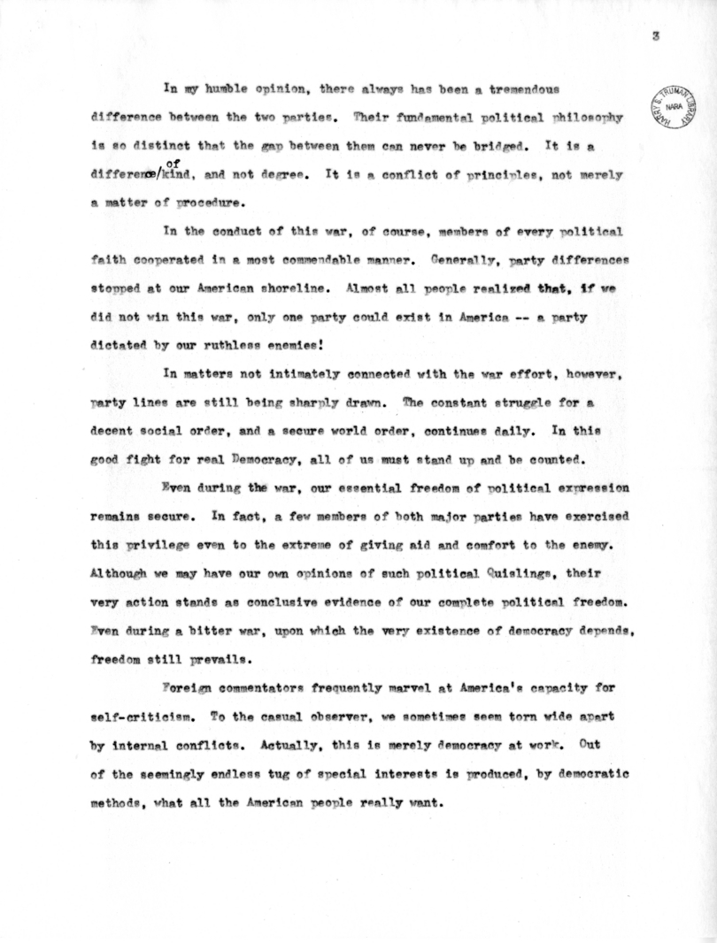 Speech to be Delivered by Vice President Harry S. Truman at Raleigh, North Carolina