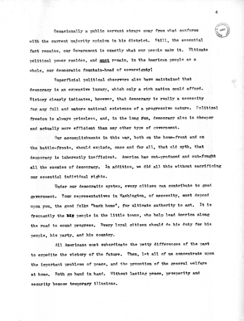 Speech to be Delivered by Vice President Harry S. Truman at Raleigh, North Carolina