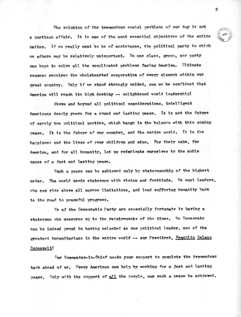 Speech to be Delivered by Vice President Harry S. Truman at Raleigh, North Carolina