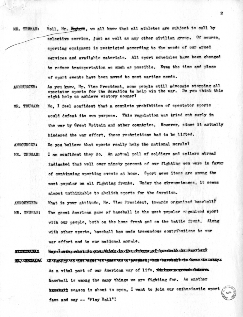Suggested Statements for radio interview of Vice President Harry S. Truman