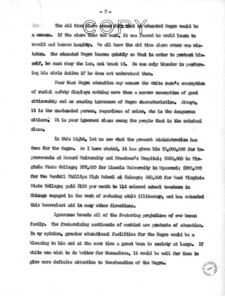 Speech of Senator Harry S. Truman before the National Colored Democratic Association, Chicago, Illinois